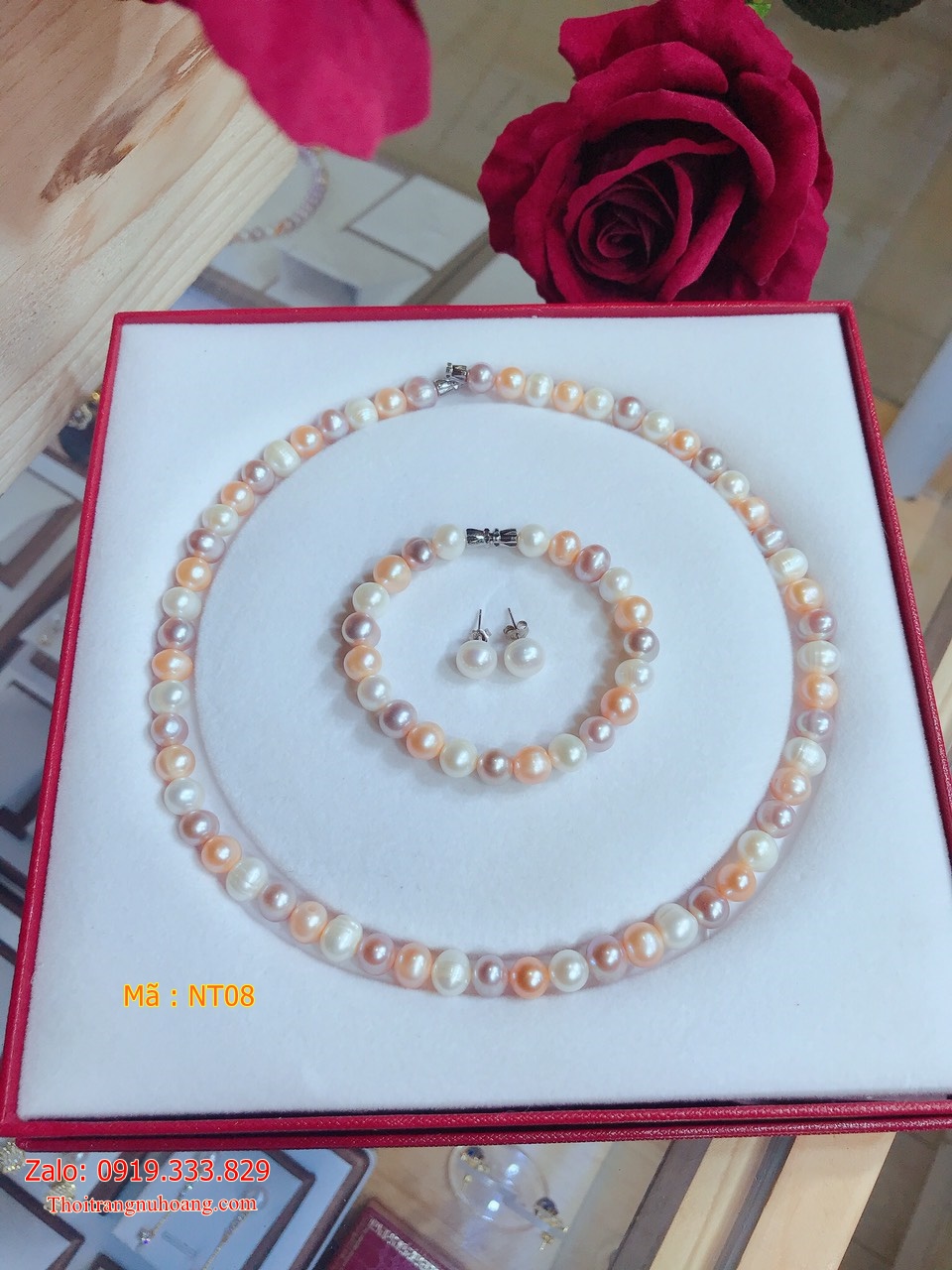 Bộ Ngọc trai tứ quý phối Ngọc trắng Hồng tím NT08